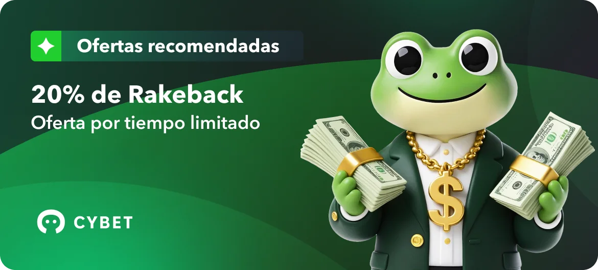 Banner móvil de Cybet: rakeback del 20 %, rana con fajos de billetes