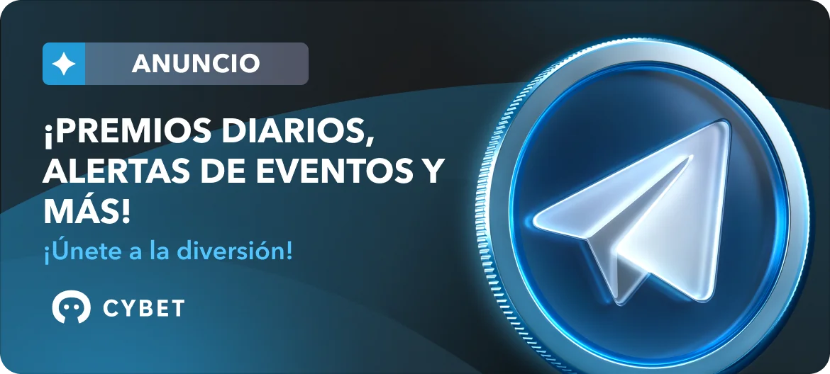 Banner de Cybet con el logo de Telegram: premios diarios y alertas de eventos